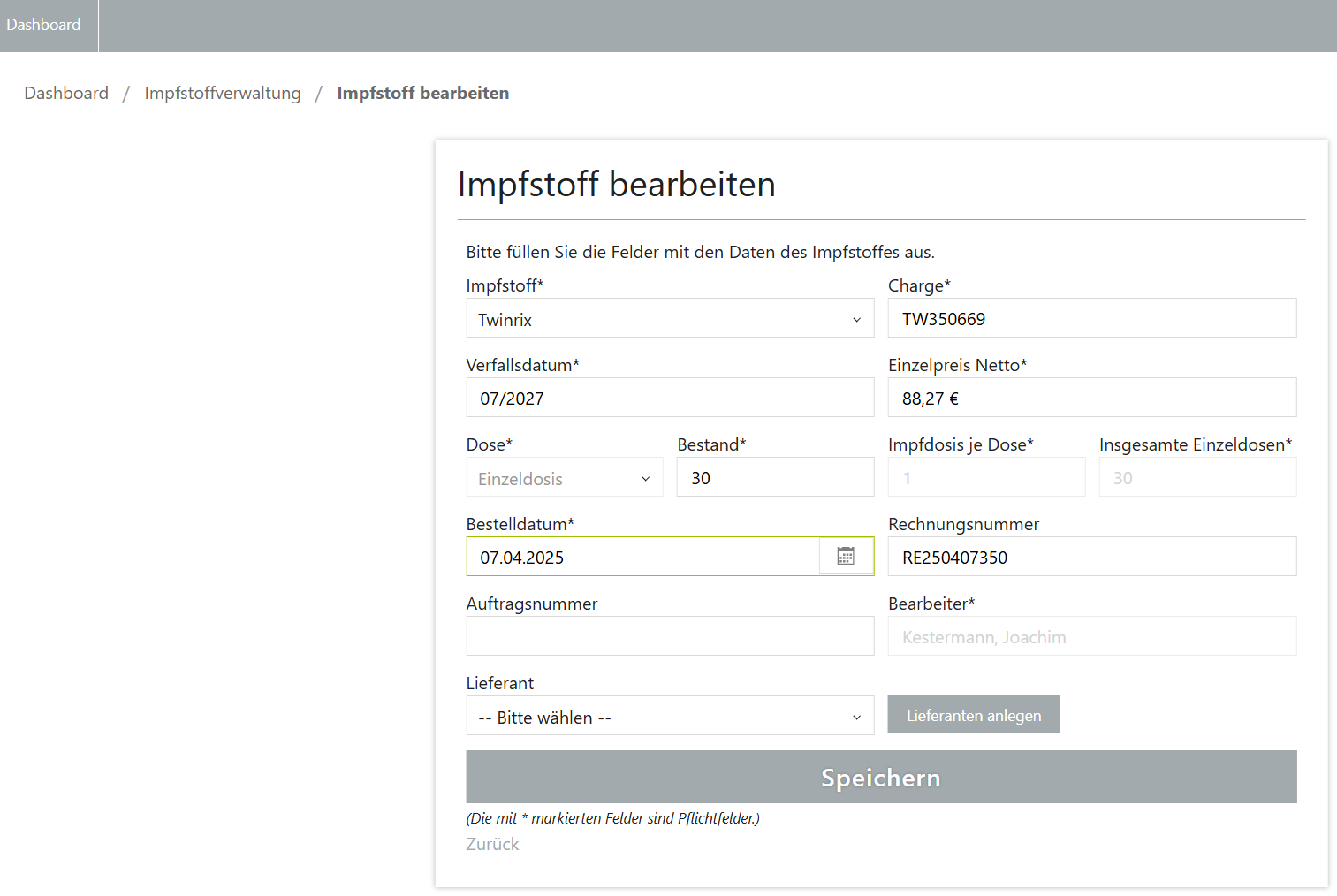 Impfstoffverwaltung sOne Web
